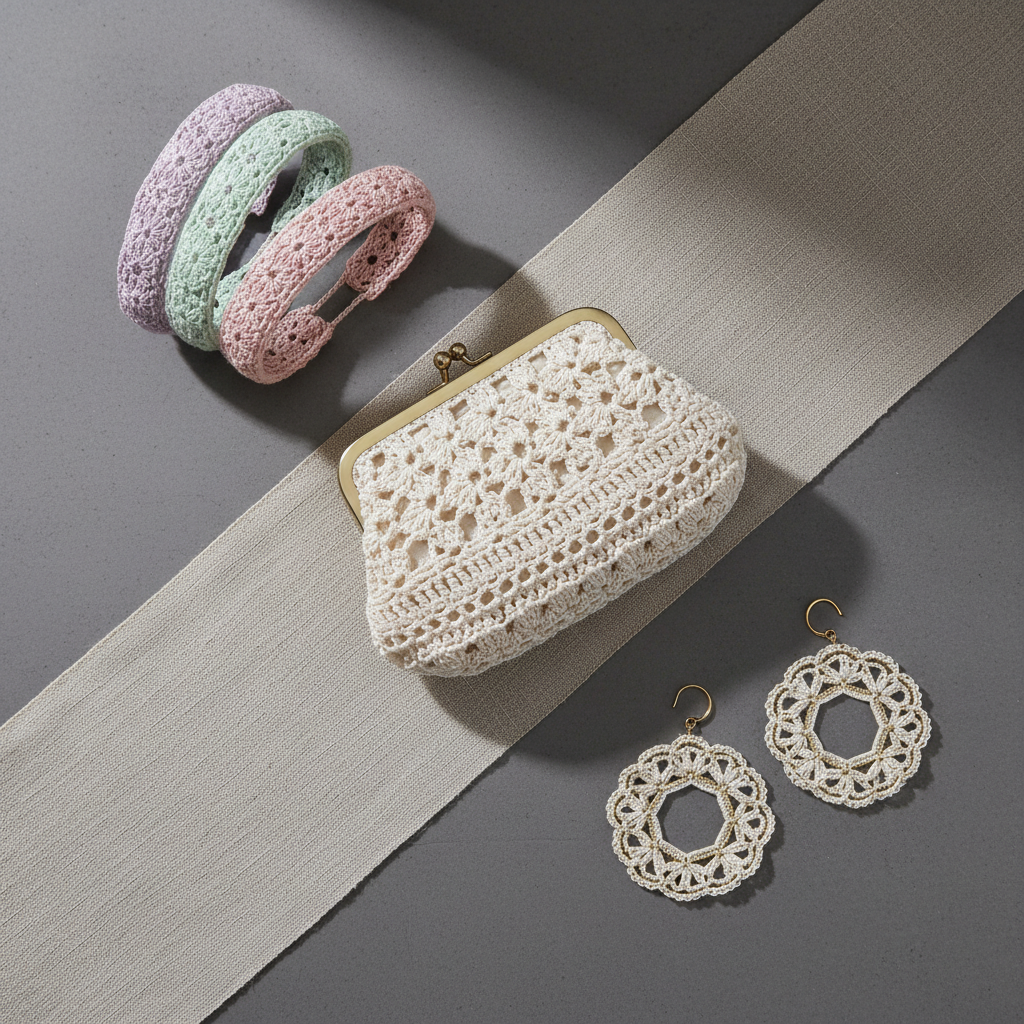 A refined flat lay of crochet accessories arranged for a product showcase: a set of delicately stitched pastel hairbands, a small structured clutch with a pearl-toned crochet overlay, and a pair of circular statement earrings made from fine crochet motifs. They rest on a matte, stone-gray background with a narrow strip of natural linen fabric running diagonally beneath them. Overhead diffused studio lighting evenly illuminates the scene, picking up subtle shadows in the lace-like patterns and showcasing the richness and precision of each stitch. Photographic realism with a minimalist, editorial composition, shot directly from above, creating clear separation between each accessory while maintaining a cohesive, sophisticated visual narrative suitable for an online catalog.