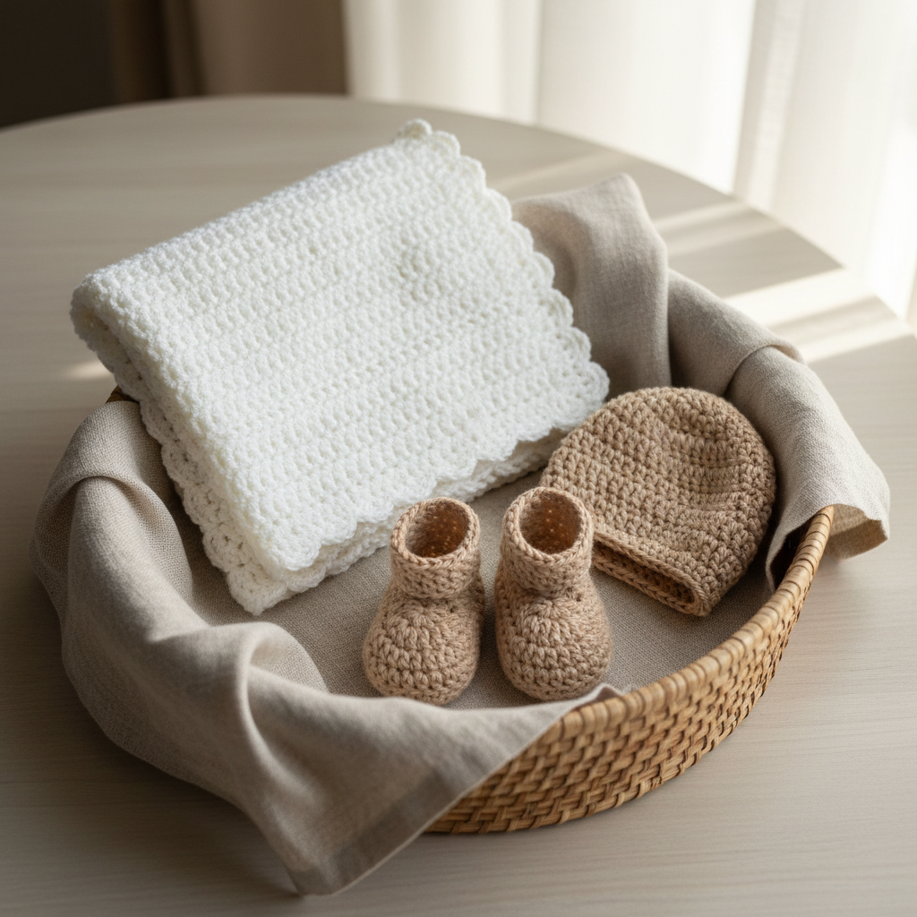 A sophisticated product vignette of crochet baby accessories without any human presence: a neatly folded, cloud-white crochet baby blanket with scalloped edging, accompanied by a pair of tiny, sand-colored booties and a matching bonnet, all showcasing visible, delicate stitching. They are placed inside a shallow wicker basket lined with natural linen, resting on a pale, matte wooden surface. Soft, natural window light from the right creates a gentle, nurturing glow, highlighting the texture and casting subtle shadows in the basket weave and yarn. Captured in photographic realism from a slightly elevated angle, the composition is calm and carefully balanced, evoking warmth, care, and craftsmanship while maintaining the sophisticated aesthetic of Naani Ke Dhaage.