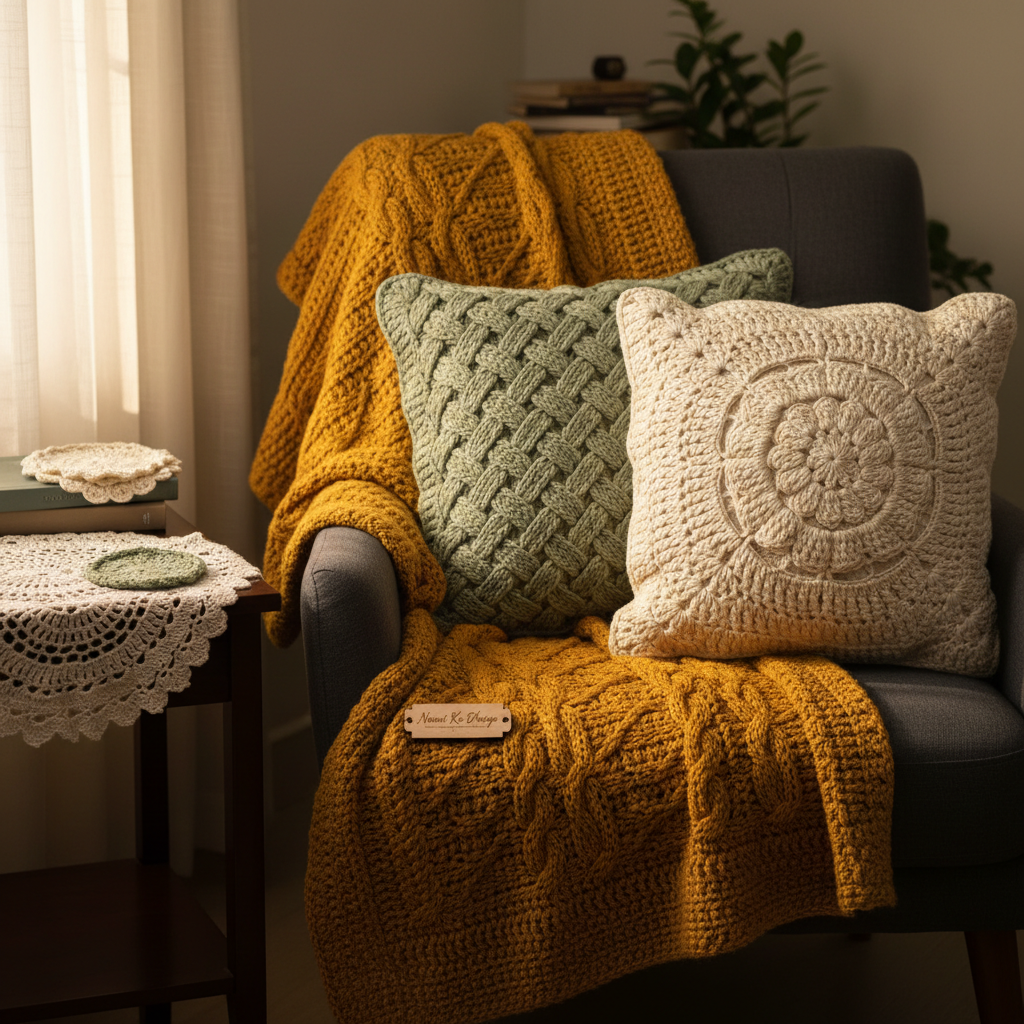 A serene living room corner styled with crochet décor from Naani Ke Dhaage: a plush, deep-mustard crochet throw with prominent cable stitches folded over a charcoal armchair, complemented by two decorative cushions in muted sage and ivory, each with different textured patterns. A small side table beside the chair holds a crochet doily and matching coaster set, emphasizing fine stitching. Soft golden-hour sunlight streams through an unseen window, casting warm, elongated shadows and highlighting the yarn’s texture. The camera captures the scene from a slightly low, three-quarter angle in photographic realism, maintaining sharp focus on the crochet items while the rest of the room falls into a gentle bokeh, creating a calm, sophisticated, and inviting atmosphere.
