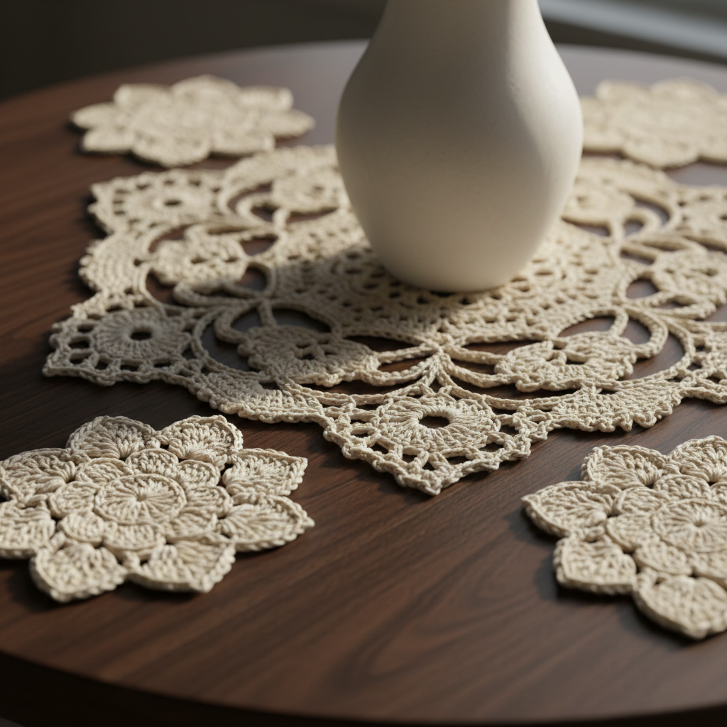 A close-up, highly detailed photographic view of a crochet table centerpiece set: a round, ivory crochet doily with intricate floral motifs paired with a matching set of coasters arranged around a simple ceramic vase. The camera focuses tightly on the interlocking stitches, capturing the fine texture of the yarn and subtle variations in thickness that reveal the craftsmanship. The scene is set on a dark walnut table that contrasts with the light thread. Soft, diffused afternoon light from a nearby window glides across the surface, creating gentle highlights and shadows that enhance depth. The mood is calm, refined, and intimate, with a shallow depth of field that keeps the centerpiece crisp while the vase and table edges softly blur.