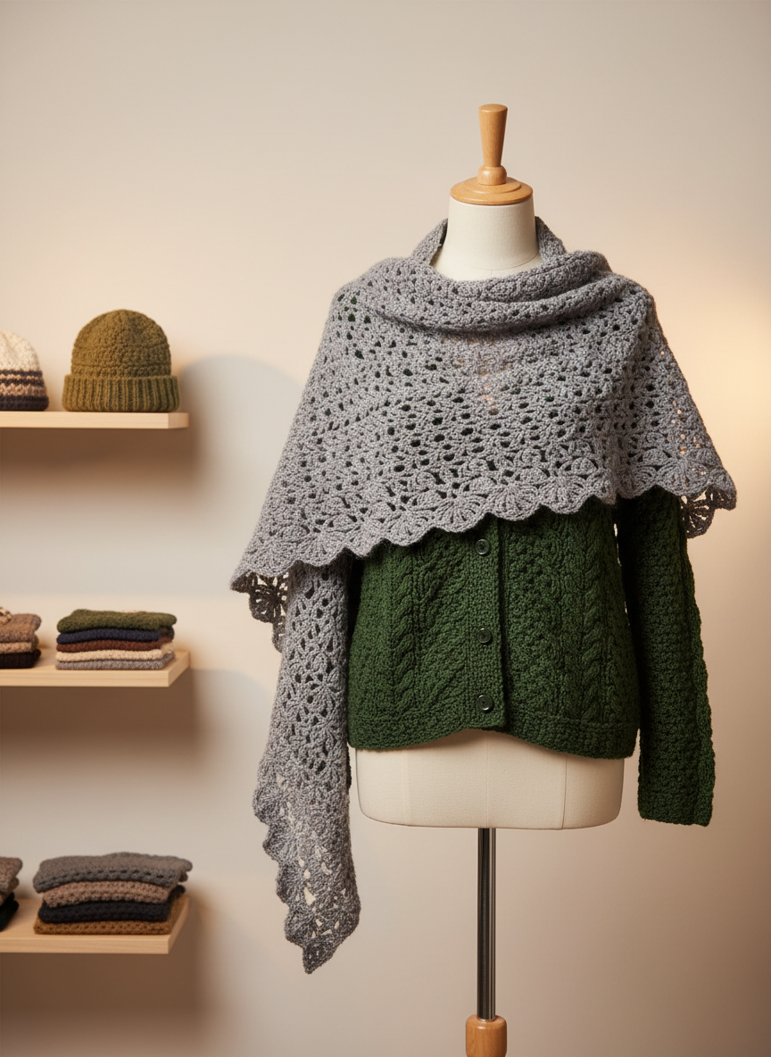 An elegant crochet wearable collection displayed on a minimalist dress form stand without any human presence, featuring a dove-gray crochet shawl with intricate lace edging draped over a rich forest-green textured cardigan. The yarn fibers and detailed stitching are clearly visible, showcasing meticulous craftsmanship. The background is a softly blurred, neutral-toned wall with a hint of wooden shelving holding folded crochet accessories. Warm, diffused studio lighting from both sides adds soft highlights along the stitches and gentle shadows in the folds, creating depth. Shot at eye level in photographic realism, with the composition using the rule of thirds to keep the garments slightly off-center, evoking a refined, boutique atmosphere that feels sophisticated and artisanal.