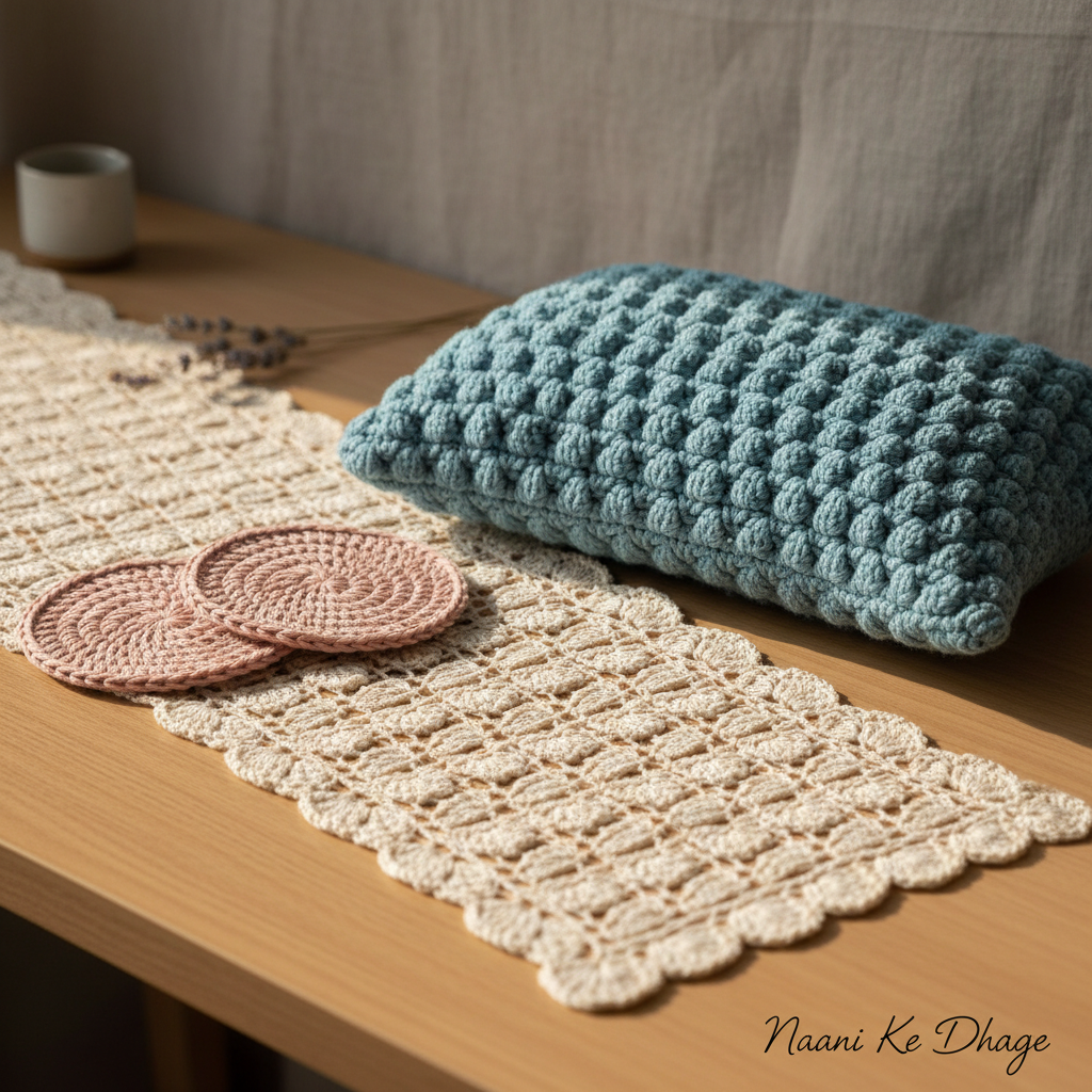 A neatly arranged flat lay of exquisite handmade crochet crafts from Naani Ke Dhaage, featuring a cream lace table runner with intricate shell patterns, a pair of soft blush coasters, and a delicately textured teal cushion cover. All are laid on a warm, light-wood tabletop with a neutral linen backdrop, emphasizing the stitching, texture, and craftsmanship. Soft morning natural light from the left creates gentle highlights on the yarn and faint shadows along the stitches. Photographic realism with a clean, sophisticated mood, captured from a slightly elevated angle with shallow depth of field so the foreground stitches are razor sharp while the background accessories subtly blur, creating an elegant, timeless composition for a hero website banner.