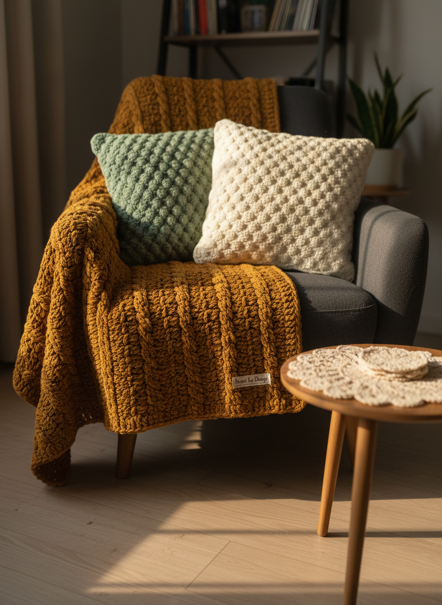 A serene living room corner styled with crochet décor from Naani Ke Dhaage: a plush, deep-mustard crochet throw with prominent cable stitches folded over a charcoal armchair, complemented by two decorative cushions in muted sage and ivory, each with different textured patterns. A small side table beside the chair holds a crochet doily and matching coaster set, emphasizing fine stitching. Soft golden-hour sunlight streams through an unseen window, casting warm, elongated shadows and highlighting the yarn’s texture. The camera captures the scene from a slightly low, three-quarter angle in photographic realism, maintaining sharp focus on the crochet items while the rest of the room falls into a gentle bokeh, creating a calm, sophisticated, and inviting atmosphere.