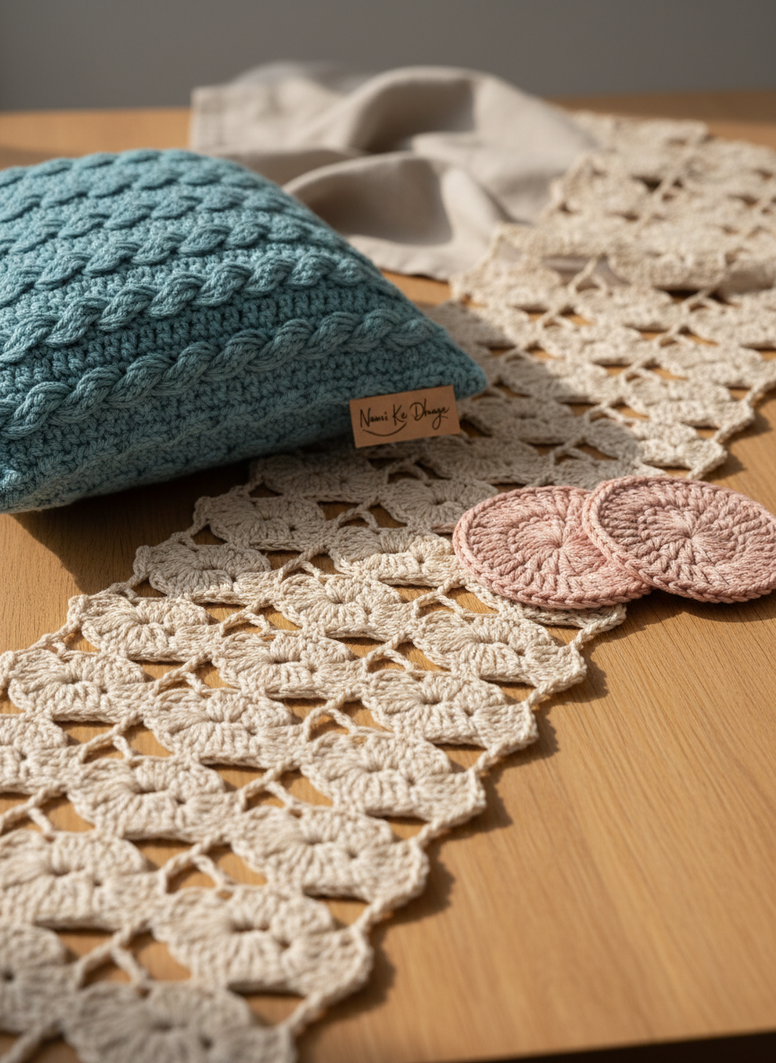 A neatly arranged flat lay of exquisite handmade crochet crafts from Naani Ke Dhaage, featuring a cream lace table runner with intricate shell patterns, a pair of soft blush coasters, and a delicately textured teal cushion cover. All are laid on a warm, light-wood tabletop with a neutral linen backdrop, emphasizing the stitching, texture, and craftsmanship. Soft morning natural light from the left creates gentle highlights on the yarn and faint shadows along the stitches. Photographic realism with a clean, sophisticated mood, captured from a slightly elevated angle with shallow depth of field so the foreground stitches are razor sharp while the background accessories subtly blur, creating an elegant, timeless composition for a hero website banner.