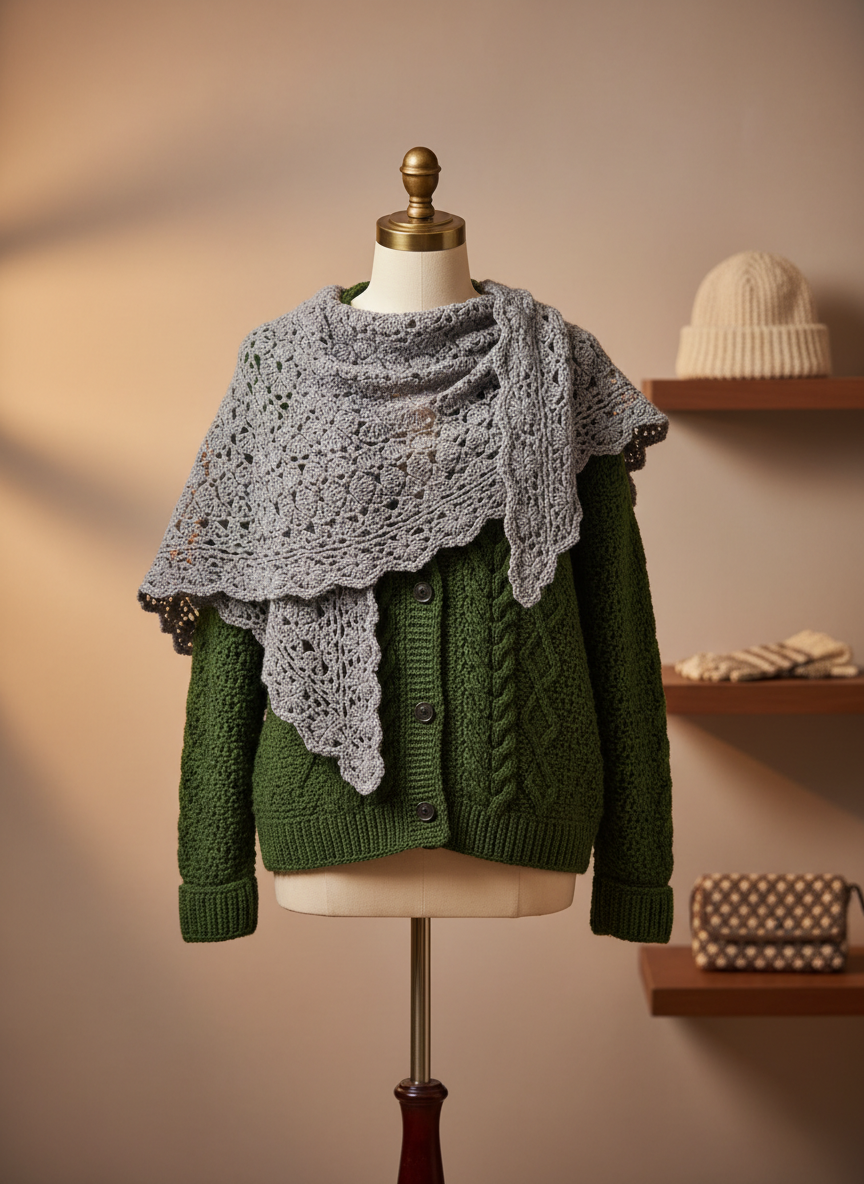 An elegant crochet wearable collection displayed on a minimalist dress form stand without any human presence, featuring a dove-gray crochet shawl with intricate lace edging draped over a rich forest-green textured cardigan. The yarn fibers and detailed stitching are clearly visible, showcasing meticulous craftsmanship. The background is a softly blurred, neutral-toned wall with a hint of wooden shelving holding folded crochet accessories. Warm, diffused studio lighting from both sides adds soft highlights along the stitches and gentle shadows in the folds, creating depth. Shot at eye level in photographic realism, with the composition using the rule of thirds to keep the garments slightly off-center, evoking a refined, boutique atmosphere that feels sophisticated and artisanal.